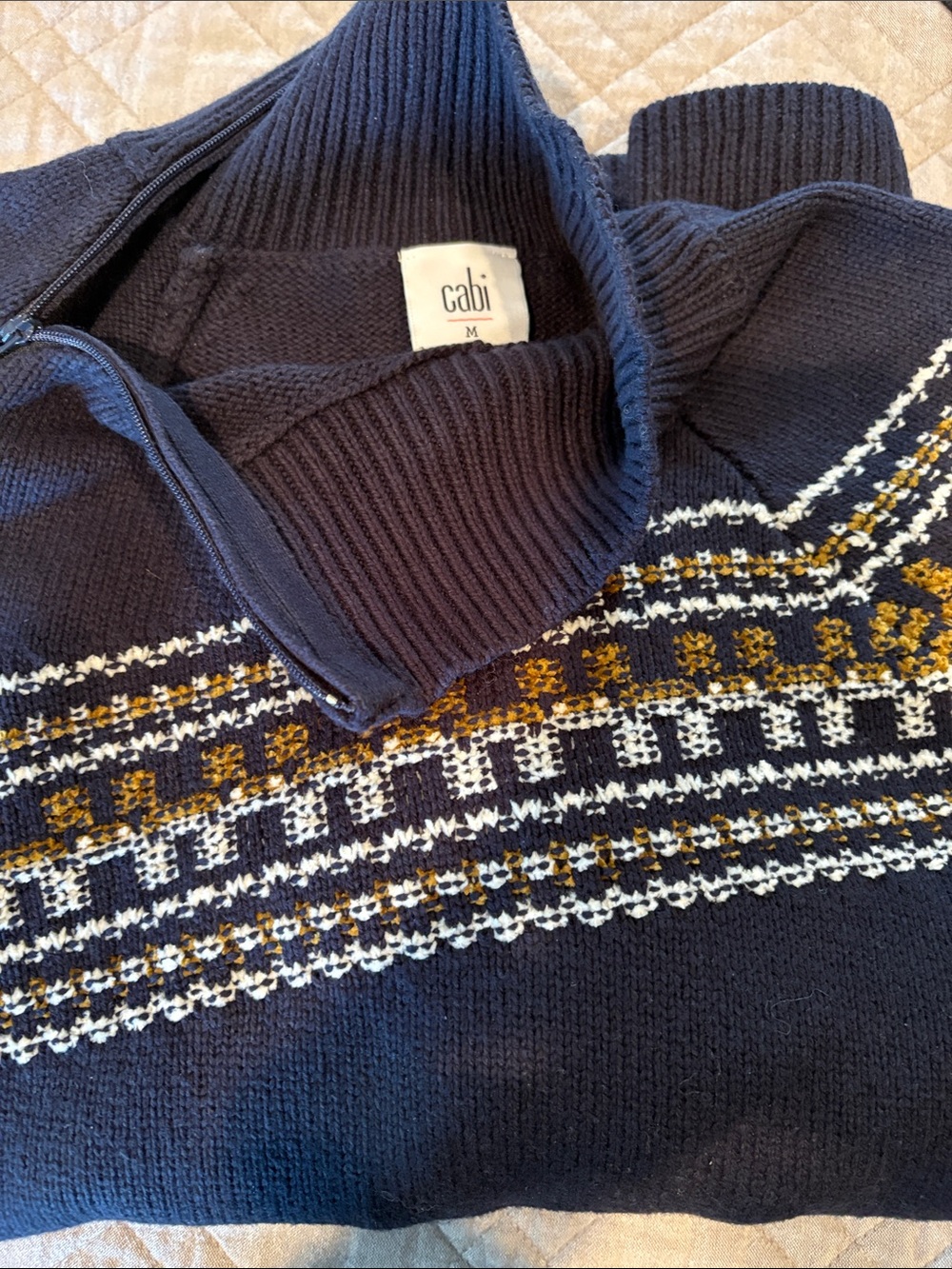 CAbi Navy Fair Isle Turtleneck Sweater with White and Gold Accents
